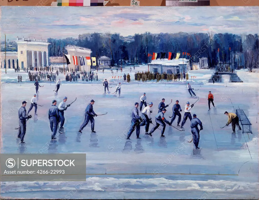 Ice Hockey on the CSKA Stadium in Moscow by Midler, Viktor Markovich (1888-1979)/ State Museum- and exhibition Centre ROSIZO, Moscow/ 1930/ Russia/ Oil on canvas/ Soviet Art/ 107x143/ Genre