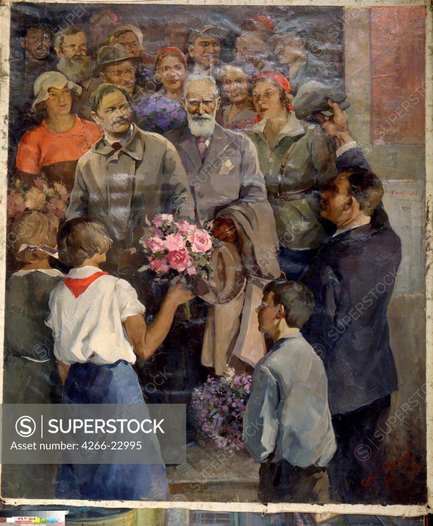 Stock Photo: 4266-22995 The author Bernard Shaw visit a Moscow factory by Sokolov, Sergei Fyodorovich (1893-ca. 1960)/ State Museum- and exhibition Centre ROSIZO, Moscow/ 1937/ Russia/ Oil on canvas/ Soviet Art/ 242x202/ Genre
