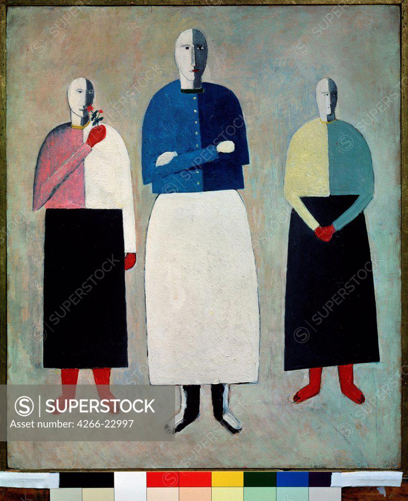 Stock Photo: 4266-22997 Three Girls by Malevich, Kasimir Severinovich (1878-1935)/ State Russian Museum, St. Petersburg/ 1928-1932/ Russia/ Oil on playwood/ Russian avant-garde/ 57x48/ Genre