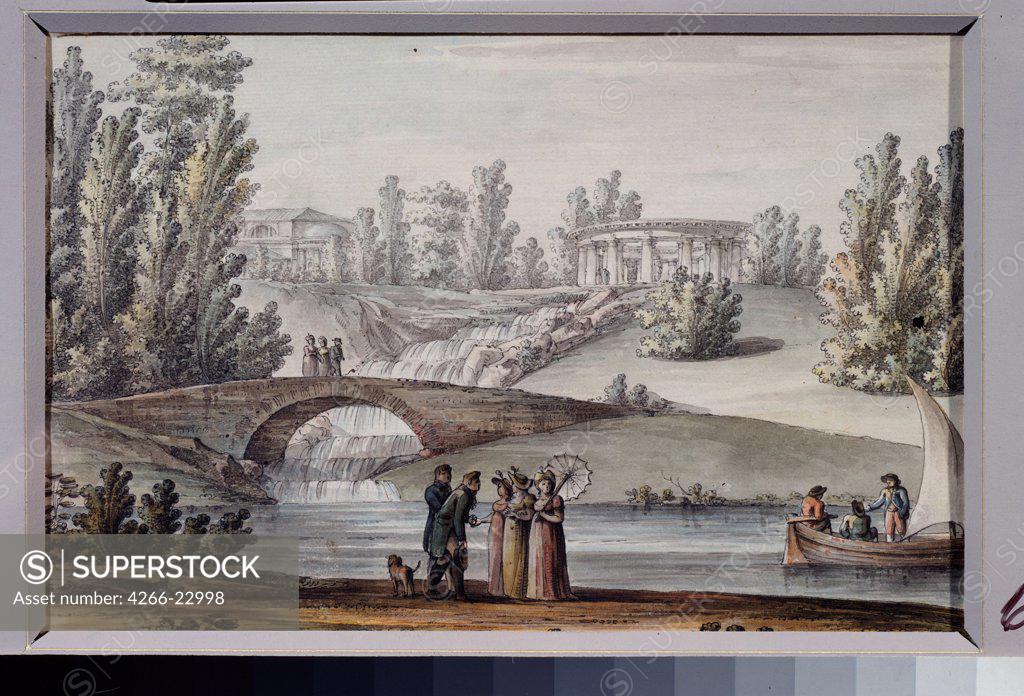 Stock Photo: 4266-22998 The Temple of Apollo and Cascade in the Pavlovsk park by Quarenghi, Giacomo Antonio Domenico (1744-1817)/ State Open-air Museum Pavlovsk Palace, St. Petersburg/ 1800s/ Italy/ Pen, ink, watercolour on paper/ Classicism/ Landscape