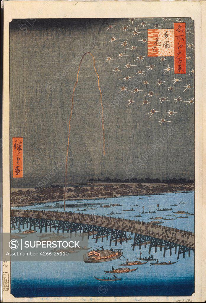 Stock Photo: 4266-29110 Fireworks by Ryogoku Bridge (One Hundred Famous Views of Edo) by Hiroshige, Utagawa (1797-1858) / State Hermitage, St. Petersburg / 1856-1858 / Japan / Colour woodcut / Landscape /