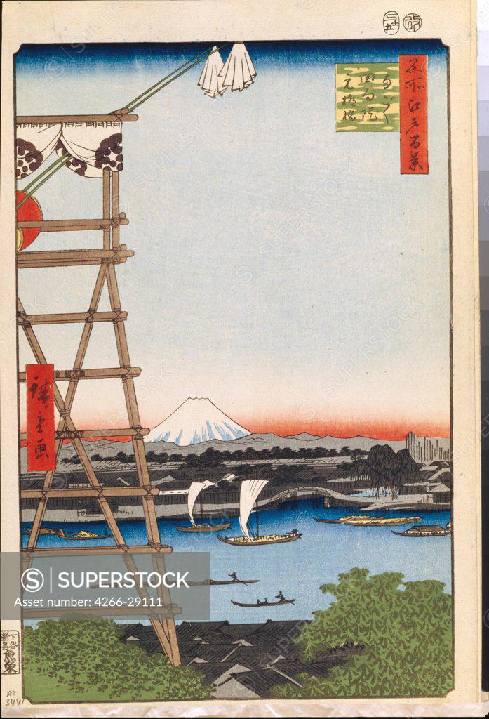 Stock Photo: 4266-29111 Ekoin Temple in Ryogoku and Moto-Yanagi Bridge (One Hundred Famous Views of Edo) by Hiroshige, Utagawa (1797-1858) / State Hermitage, St. Petersburg / 1856-1858 / Japan / Colour woodcut / Landscape /