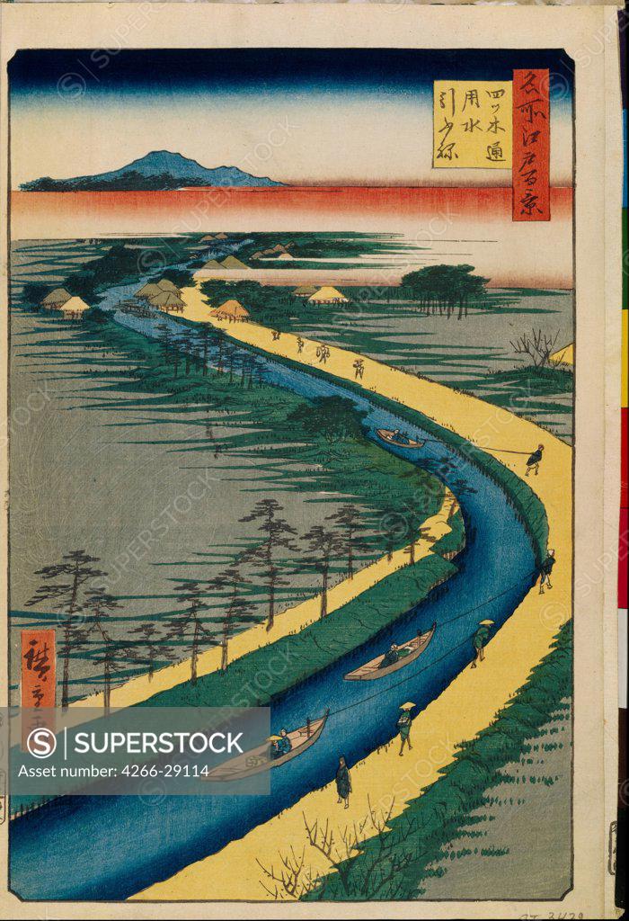 Stock Photo: 4266-29114 Towboats on the Yotsugi dori Canal (One Hundred Famous Views of Edo) by Hiroshige, Utagawa (1797-1858) / State Hermitage, St. Petersburg / 1856-1858 / Japan / Colour woodcut / Landscape /