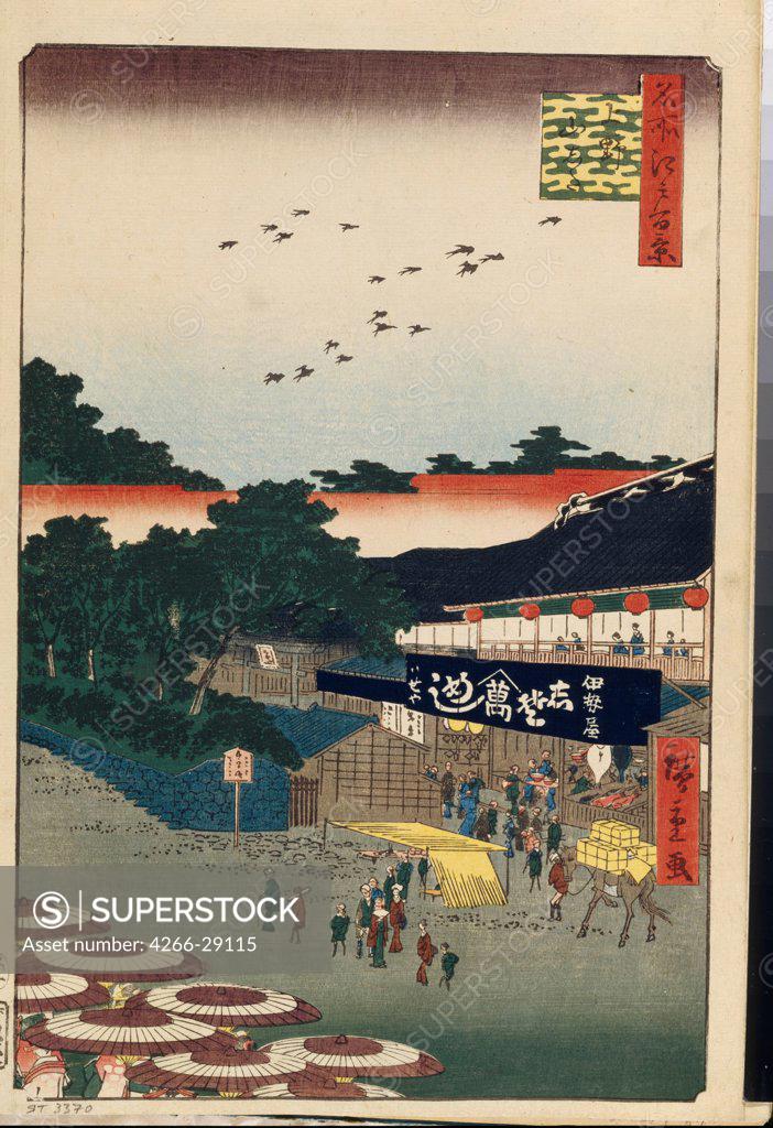 Stock Photo: 4266-29115 Ueno Yamashita (One Hundred Famous Views of Edo) by Hiroshige, Utagawa (1797-1858) / State Hermitage, St. Petersburg / 1856-1858 / Japan / Colour woodcut / Landscape /