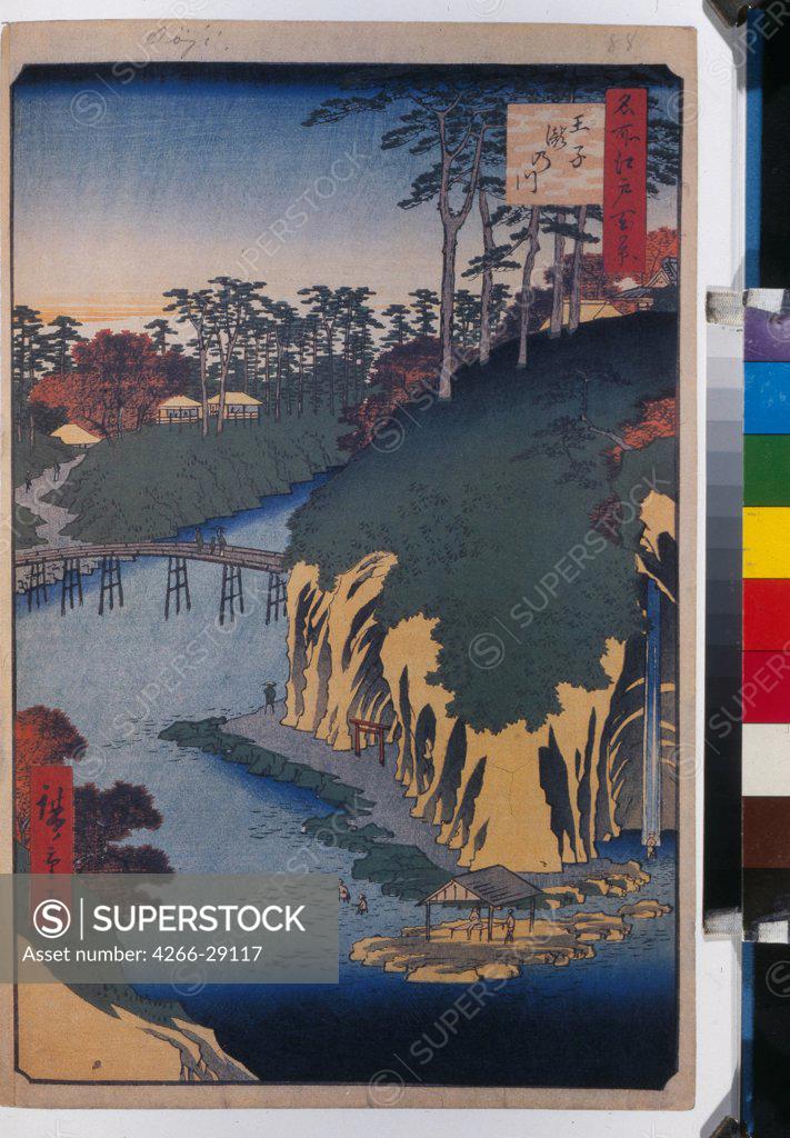 Stock Photo: 4266-29117 The Takinogawa in Oji (One Hundred Famous Views of Edo) by Hiroshige, Utagawa (1797-1858) / State Hermitage, St. Petersburg / 1856-1858 / Japan / Colour woodcut / Landscape /