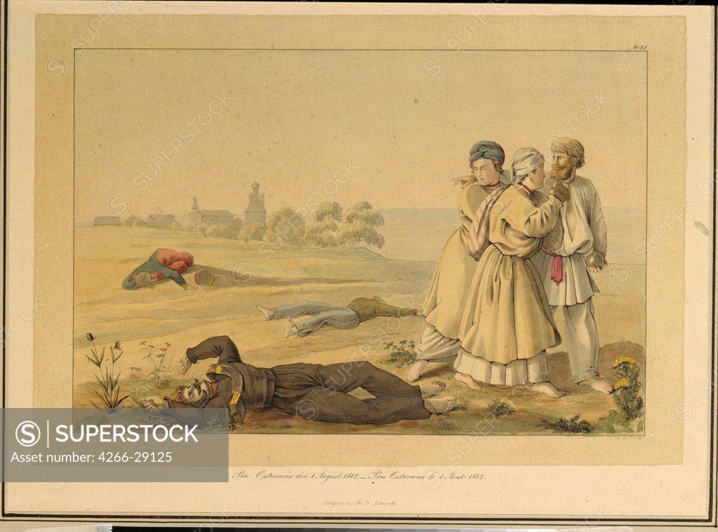 Stock Photo: 4266-29125 Near Ostrovno on August 1, 1812 by Faber du Faur, Christian Wilhelm, von (1780-1857) / State Borodino War and History Museum, Moscow / 1820s / Germany / Lithograph, watercolour / History / 25x31