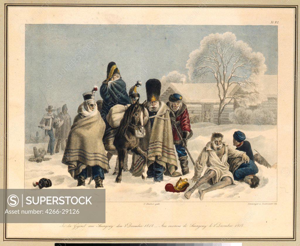 Stock Photo: 4266-29126 Near Smarhon on December 3, 1812 by Faber du Faur, Christian Wilhelm, von (1780-1857) / State Borodino War and History Museum, Moscow / 1820s / Germany / Lithograph, watercolour / History / 25x31