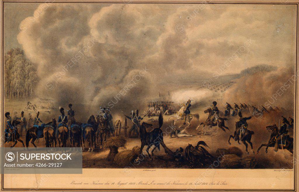 Stock Photo: 4266-29127 The Battle of Krasnoi on August 14, 1812 by Faber du Faur, Christian Wilhelm, von (1780-1857) / State Borodino War and History Museum, Moscow / 1820s / Germany / Lithograph, watercolour / History /