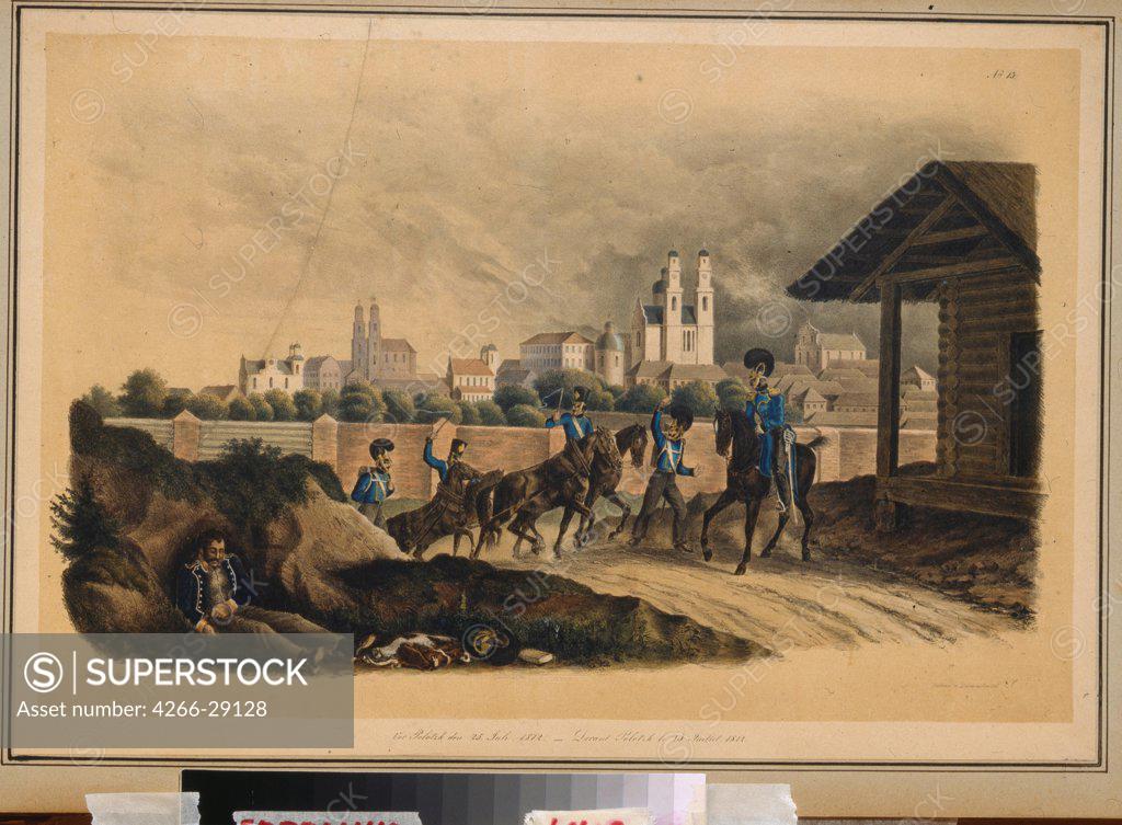 Stock Photo: 4266-29128 Near the city of Polotsk on July 25, 1812 by Faber du Faur, Christian Wilhelm, von (1780-1857) / State Borodino War and History Museum, Moscow / 1820s / Germany / Lithograph, watercolour / History / 29x42