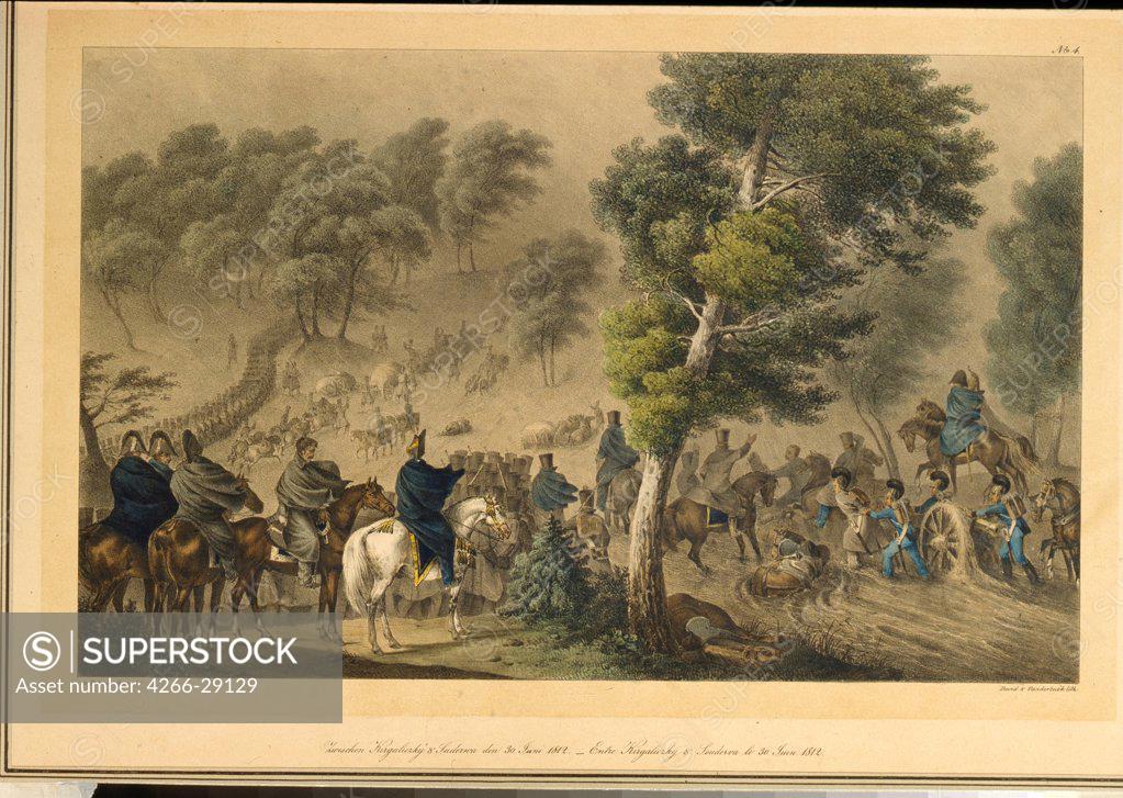 Stock Photo: 4266-29129 Between Kirgaliczky and Suderva, 30 June 1812 by Faber du Faur, Christian Wilhelm, von (1780-1857) / State Borodino War and History Museum, Moscow / 1820s / Germany / Lithograph, watercolour / History /