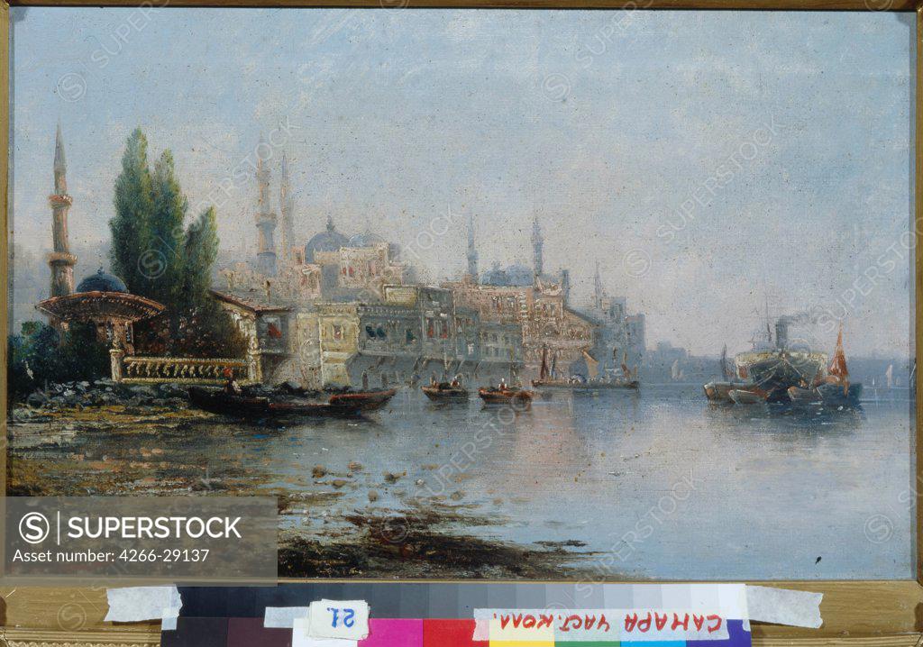 Stock Photo: 4266-29137 Istanbul as seen from the Bosphorus by French master   / Private Collection / Second Half of the 19th cen. / France / Oil on canvas / Landscape / 36x58