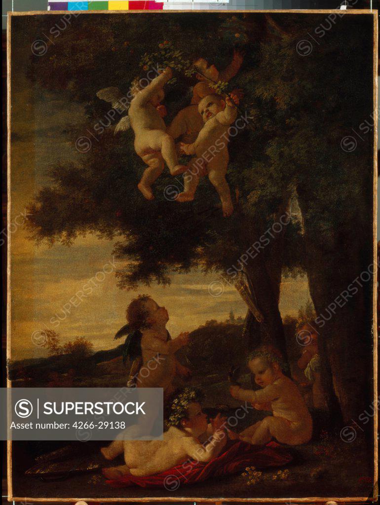 Stock Photo: 4266-29138 Cupids and Geniuses by Poussin, Nicolas (1594-1665) / State Hermitage, St. Petersburg / 1630-1633 / France / Oil on canvas / Mythology, Allegory and Literature / 95,5x72