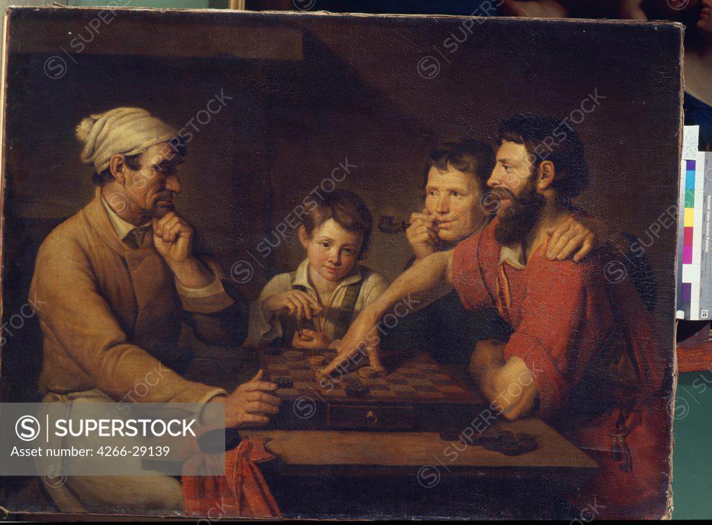 Stock Photo: 4266-29139 A Cook Playing Draughts with a Caretaker by Gryaznov, Vasily Ivanovich (1805-after 1862) / State Russian Museum, St. Petersburg / 1824 / Russia / Oil on canvas / Genre / 105x140,5