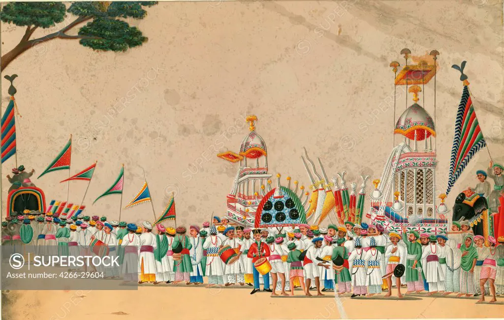 Festival procession by Indian Art   / Private Collection / c. 1800 / India, Mughal school / Gouache on paper / Genre / 15x23,7