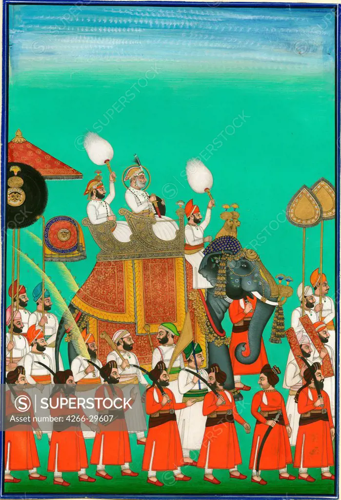 Rajah of Jodhpur Riding an Elephant by Indian Art   / Private Collection / c. 1780 / India, Mughal school / Gouache on paper / Genre / 40,4x27,6