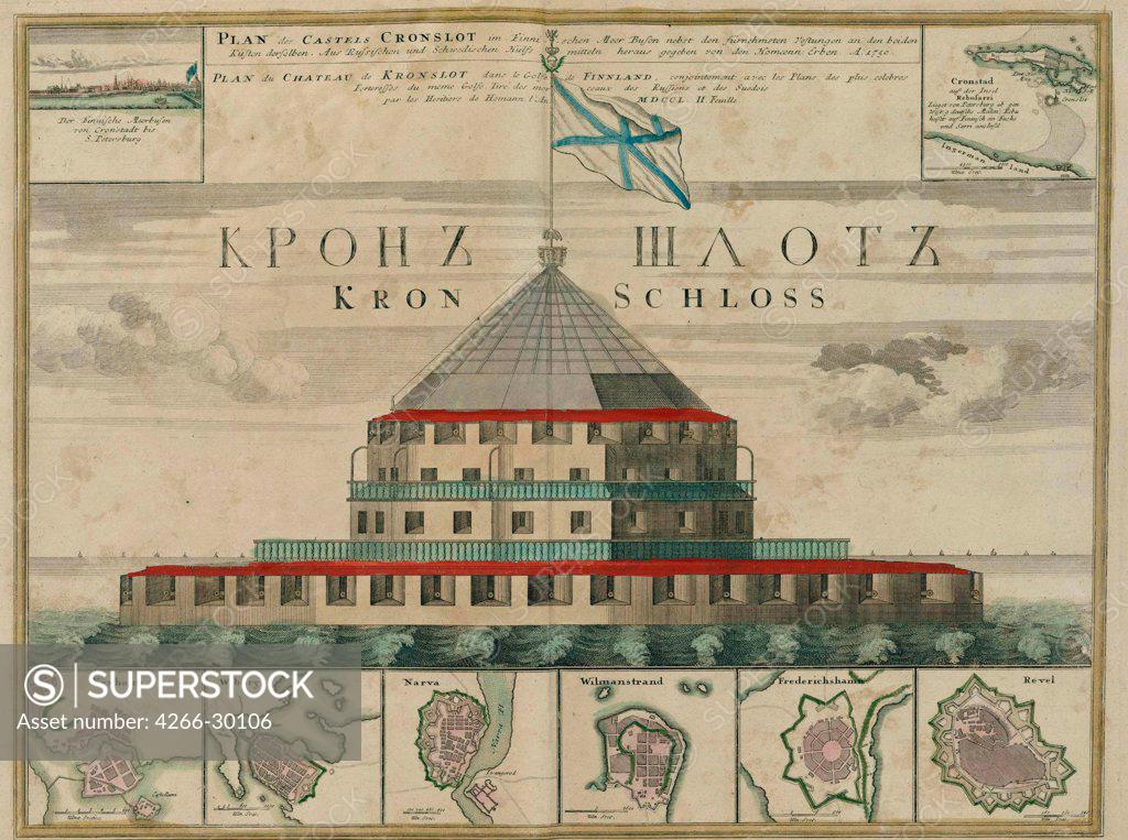 Stock Photo: 4266-30106 Plan of the Kronstadt Fortress by Homann, Johann Baptist (1663-1724) / Private Collection / 1750 / Germany / Etching, watercolour / Architecture, Interior,History /
