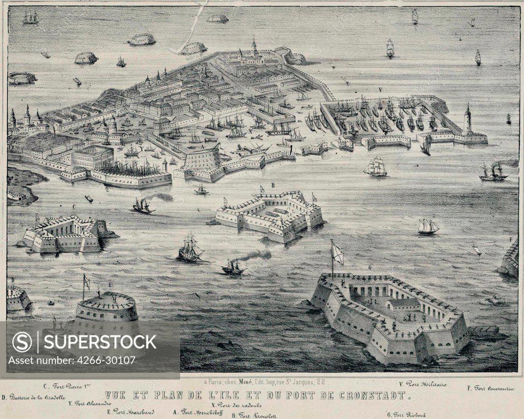 Stock Photo: 4266-30107 View and Plan of island and the port of Kronstadt by Anonymous   / Private Collection / c. 1850 / France / Lithograph / History /