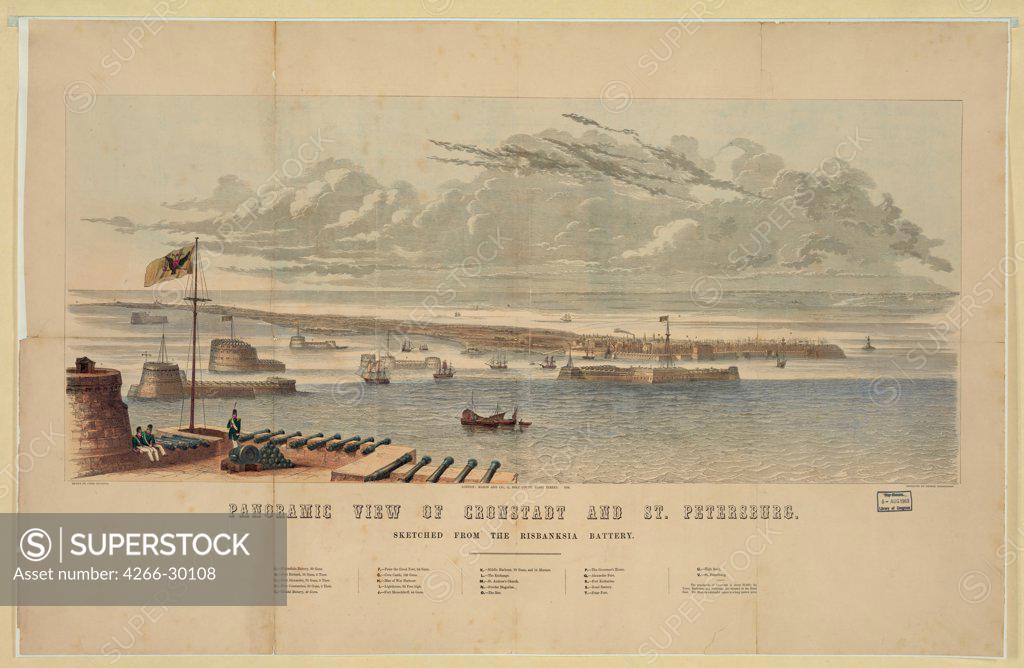 Stock Photo: 4266-30108 Panoramic view of Kronstadt and St. Petersburg by Anonymous   / Private Collection /Great Britain / Colour lithograph / History /