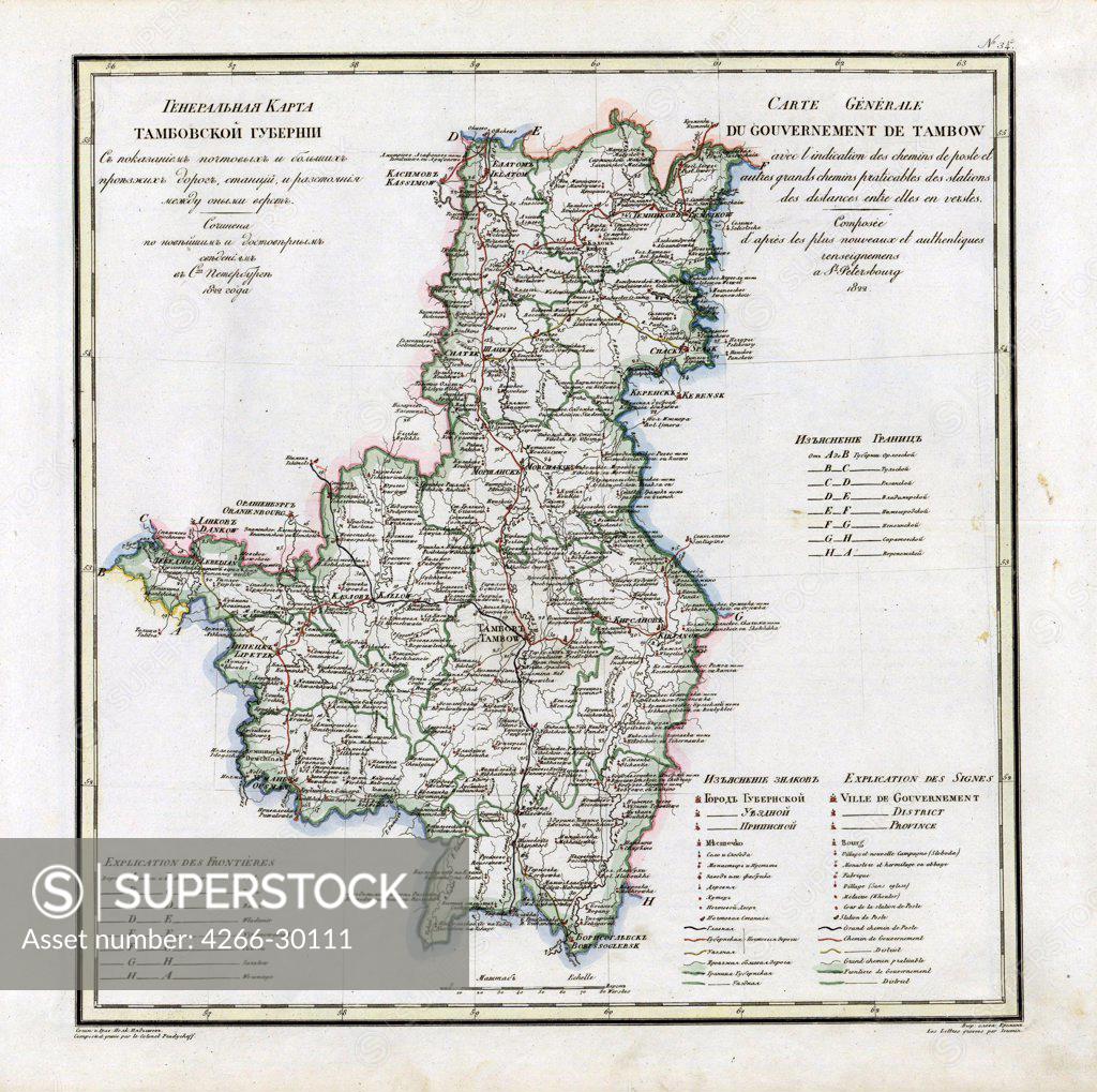 Stock Photo: 4266-30111 Map of the Tambov Governorate by Anonymous master   / Private Collection / 1822 / Russia / Colour lithograph / History /