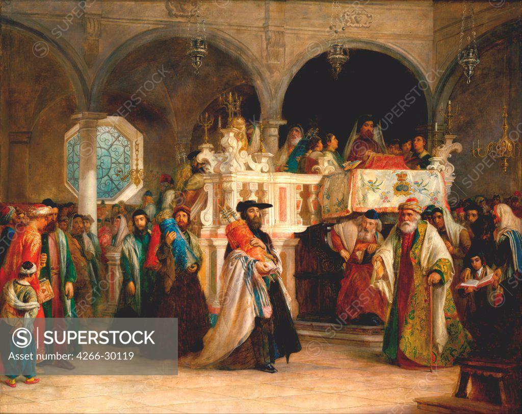 Stock Photo: 4266-30119 The Feast of the Rejoicing of the Torah at the Synagogue in Leghorn, Italy by Hart, Solomon Alexander (1806-1881) / Jewish Museum, New York / 1850 / Great Britain / Oil on canvas / Genre,Bible / 141x174,6