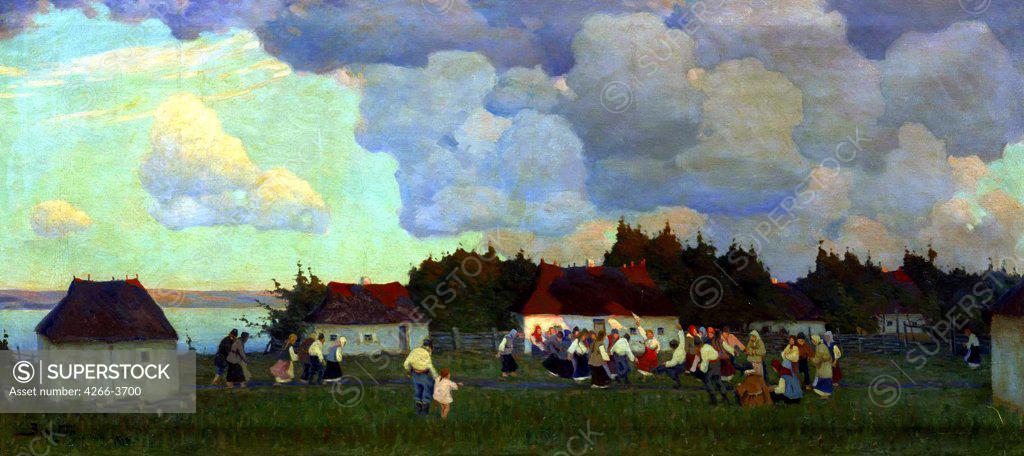 Stock Photo: 4266-3700 Village at riverbank by Viktor Ivanovich Zarubin, Oil on canvas, 1910s, 1866-1928, Ukraine, Lugansk, Regional Art Museum,
