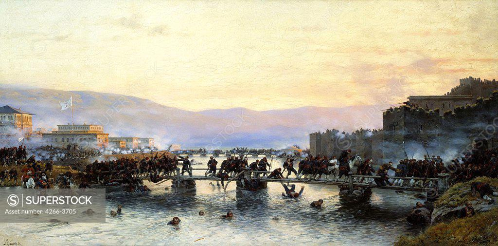 Stock Photo: 4266-3705 Soldiers crossing bridge by Alexei Danilovich Kivshenko, Oil on canvas, 1886, 1851-1895, Russian, St. Petersburg, State Central Artillery Museum, 107x215