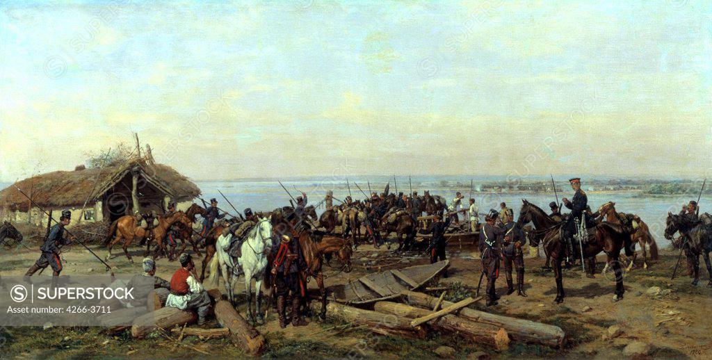 Stock Photo: 4266-3711 Soldiers at riverbank by Pavel Osipovich Kovalevsky, Oil on canvas, 1880, 1843-1903, Russia, Rostov on Don, Regional Art Museum,