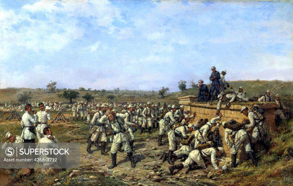 Stock Photo: 4266-3712 Soldiers on battlefield by Pavel Osipovich Kovalevsky, Oil on canvas, 1880s, 1843-1903, Russia, St. Petersburg, State Central Artillery Museum, 49x79