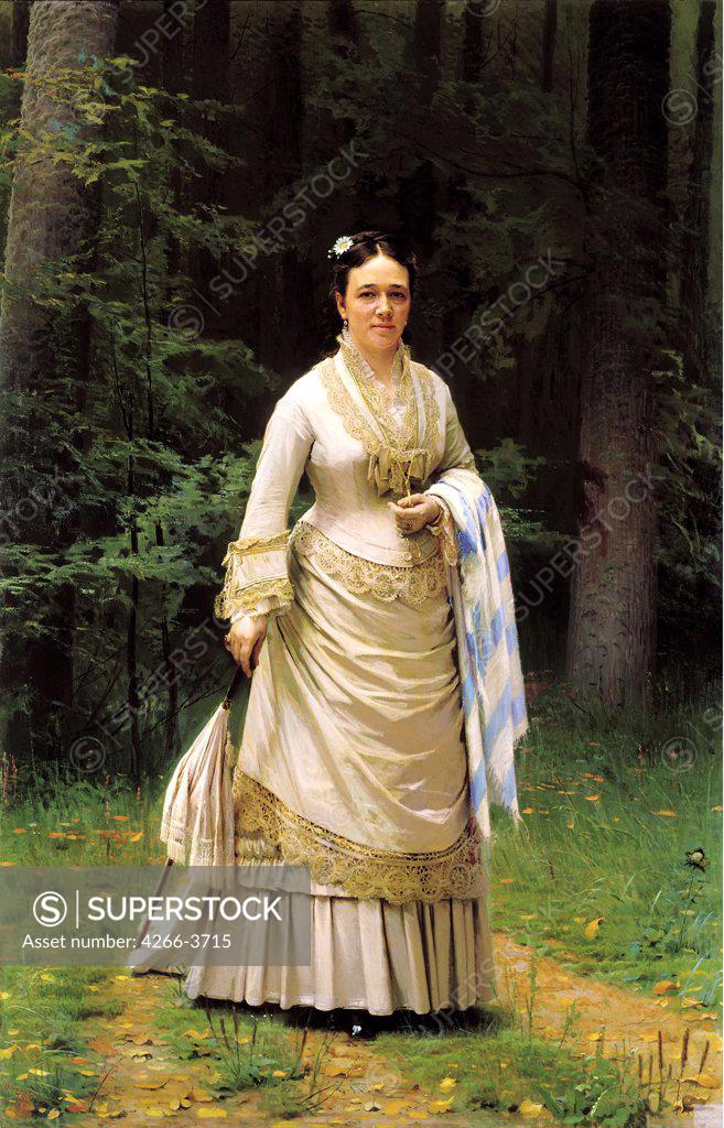 Stock Photo: 4266-3715 Portrait of woman in forest by Ivan Nikolayevich Kramskoi, Oil on canvas, 1876, 1837-1887, Russia, Moscow, State Tretyakov Gallery, 226x148