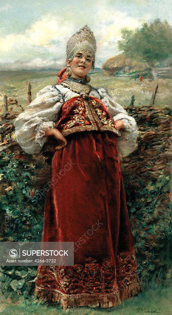 Stock Photo: 4266-3732 Portrait of woman in traditional costume by Konstantin Yegorovich Makovsky, Oil on canvas, 1890, 1839-1915, Russia, Petrosavodsk, State Art Museum of Republic Karelia,