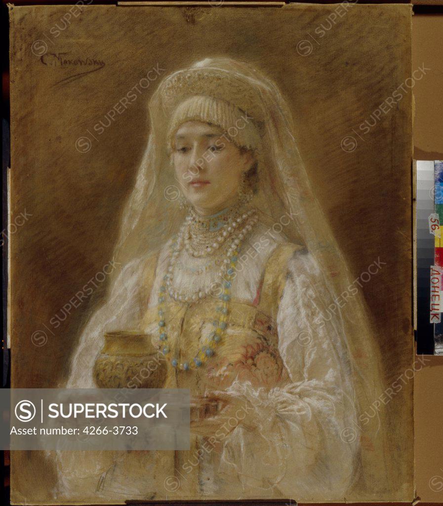 Stock Photo: 4266-3733 Portrait of woman by Konstantin Yegorovich Makovsky, Oil on canvas, circa 1910, 1839-1915, Russia, Donetsk, Regional Art Museum, 91x72