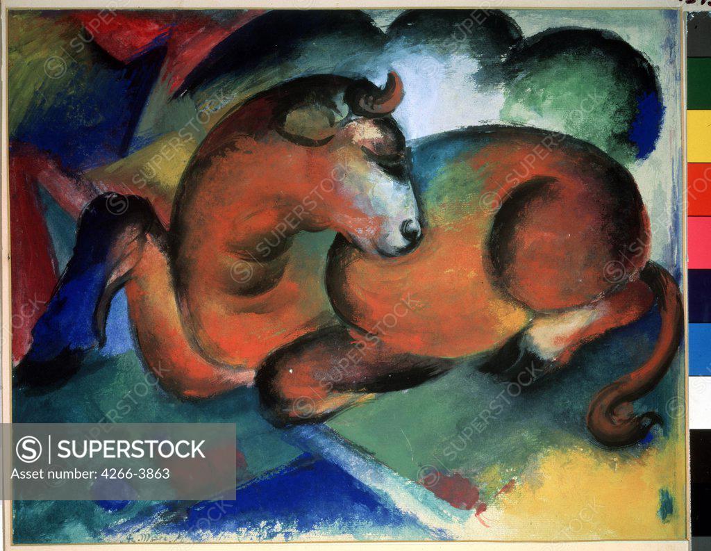 Stock Photo: 4266-3863 Bull by Franz Marc, Tempera on paper, 1912-1913, 1880-1916, Russia, Moscow, State A. Pushkin Museum of Fine Arts, 33, 7x42, 7