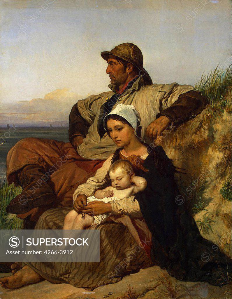 Stock Photo: 4266-3912 Family sitting on dune by Louis Joseph Gallait, oil on wood, 1848, 1810-1877, Russia, St. Petersburg, State Hermitage, 40x31, 5