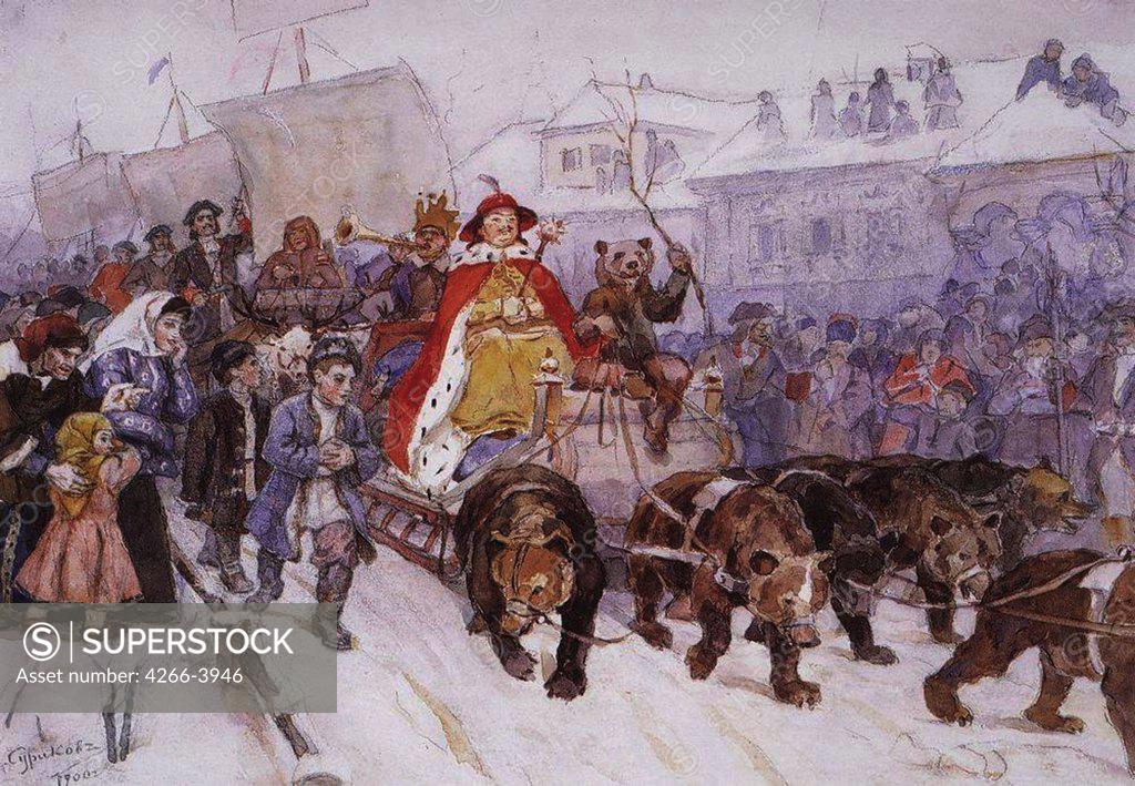 Stock Photo: 4266-3946 Carnival in russian town by Vasili Ivanovich Surikov, watercolour on cardboard, 1900, 1848-1916, Russia, St. Petersburg, State Russian Museum
