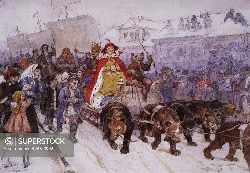 Carnival in russian town by Vasili Ivanovich Surikov, watercolour on cardboard, 1900, 1848-1916, Russia, St. Petersburg, State Russian Museum