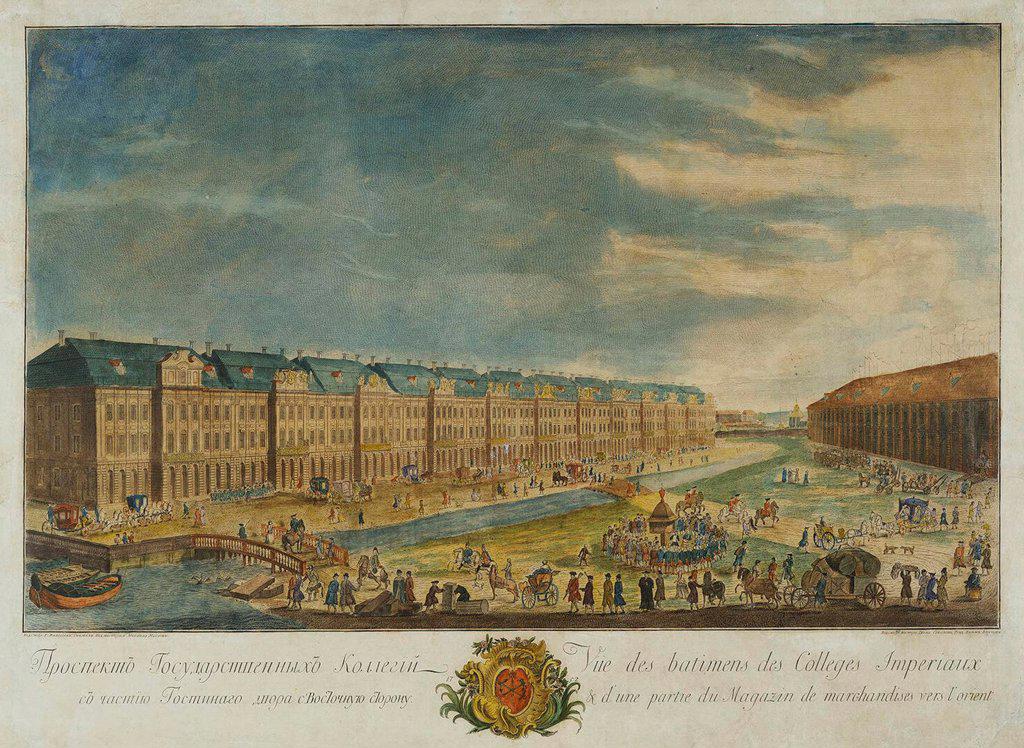 View of the Twelve Collegia building in Saint Petersburg by Vnukov, Yekim Terentiyevich (1723/25-1762/63)/ State Hermitage, St. Petersburg/ 1753/ Russia/ Copper engraving, watercolour/ Rococo/ 54,6x71,5/ Architecture, Interior,Landscape