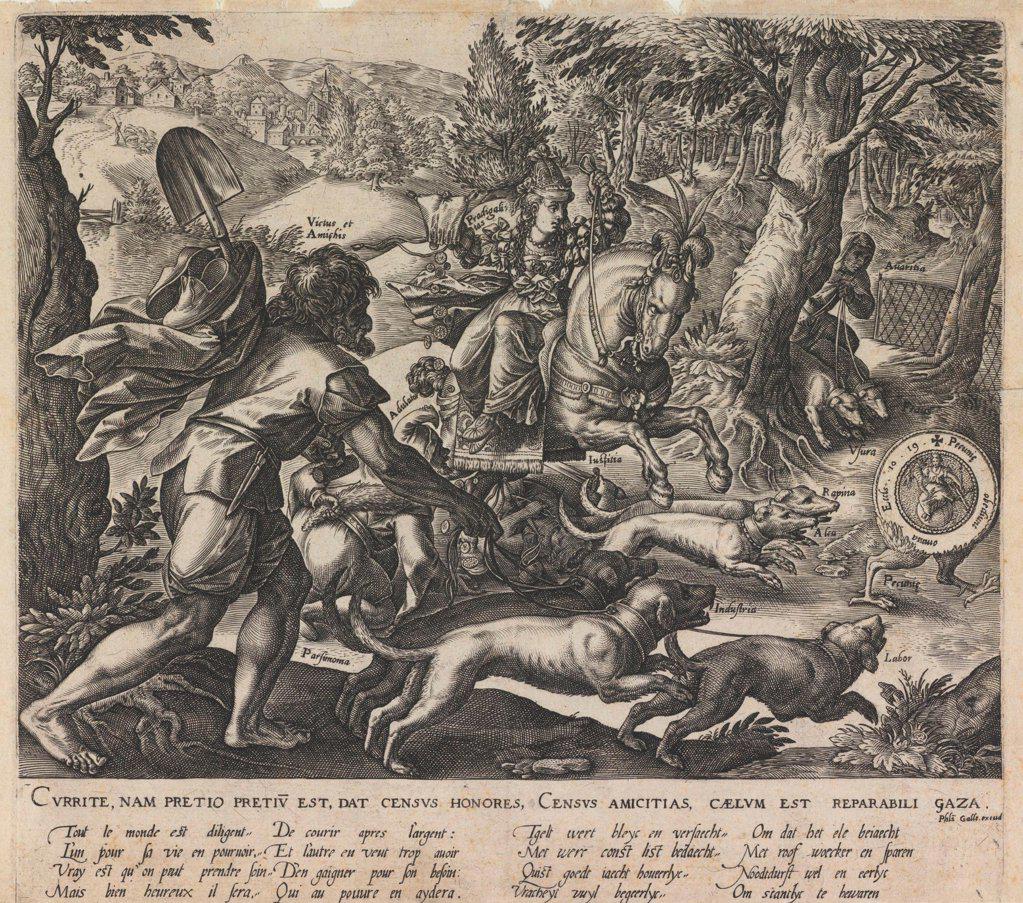 An Allegorical Hunt by Stradanus (Straet, van der), Johannes (1523-1605)/ Private Collection/ 1578/ The Netherlands/ Etching/ Baroque/ 21,7x24/ Mythology, Allegory and Literature
