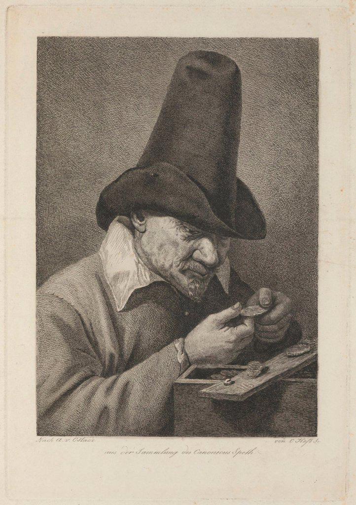 Peasant with Coins by Hess, Carl Ernst Christoph (1755-1828)/ Private Collection/ Second Half of the 18th cen./ Germany/ Copper engraving/ Rococo/ 28,5x19,7/ Genre