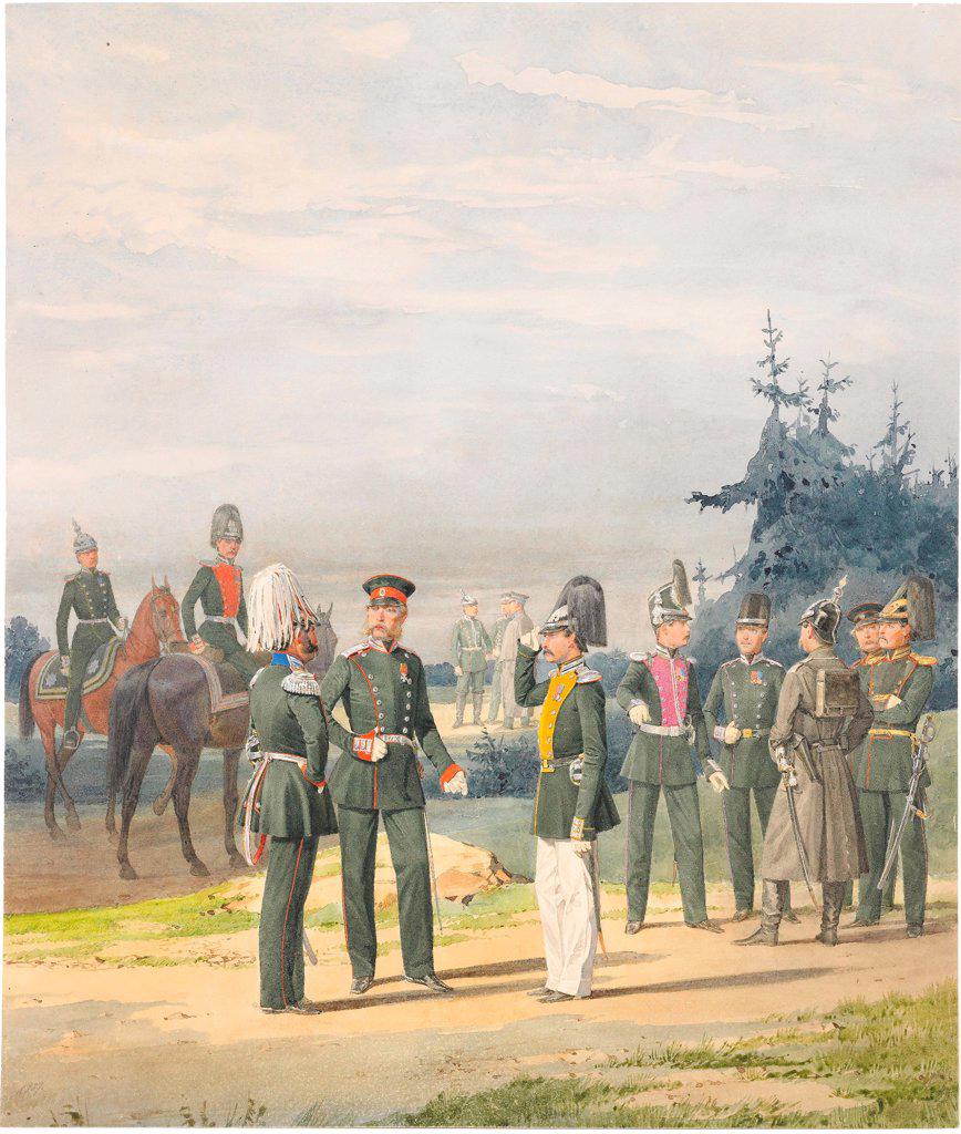 Officers from Uhlan Regiment by Balashov, Pyotr Ivanovich (?-1888)/ Private Collection/ 1887/ Russia/ Watercolour and white colour on paper/ Academic art/ 41x35/ Genre,History