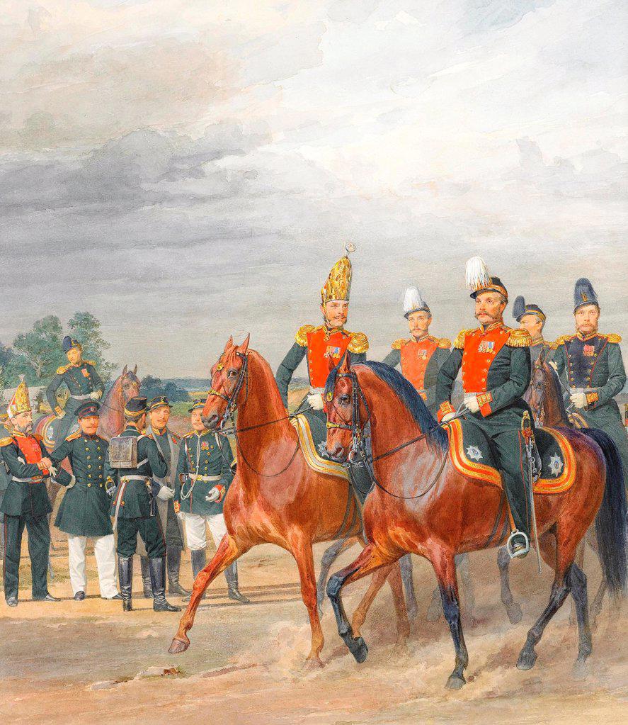 Officers from Cavalry Mounted Regiment by Piratsky, Karl Karlovich (1813-1889)/ Private Collection/ Russia/ Watercolour, Gouache on Paper/ Academic art/ 39,7x34,4/ Genre,History