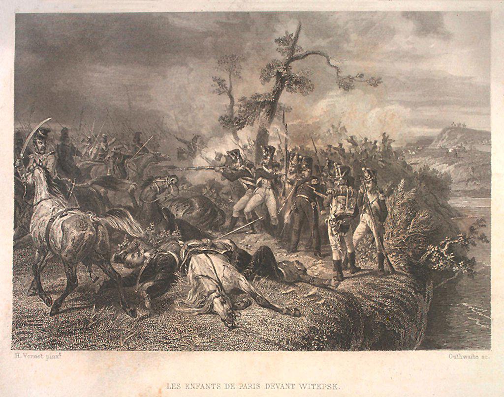 Battle between Russian troops and French cavalry near Ostrovno 25-26 July 1812 by Outhwaite, Jean Jacques (1815-1877)/ Private Collection/ France/ Etching/ Academic art/ History