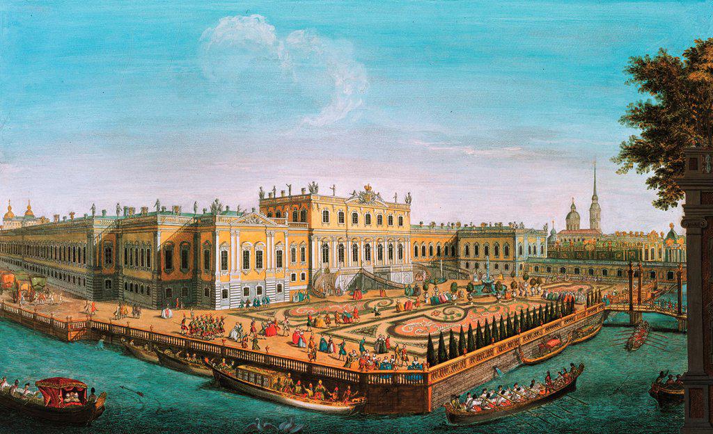 The Summer Palace in St. Petersburg by Anonymous  / State Russian Museum, St. Petersburg/ 1753/ Russia/ Oil on canvas/ Rococo/ Architecture, Interior,Landscape