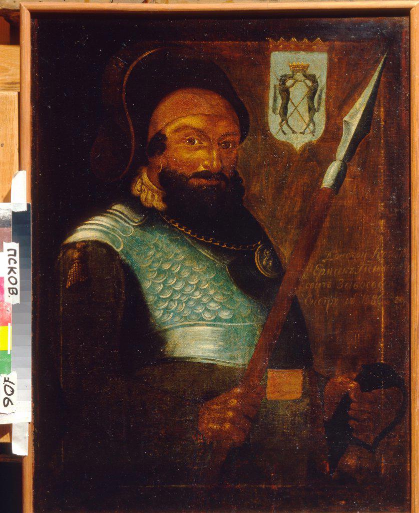 Portrait of the Cossack's leader, Conqueror of Siberia Yermak Timopheyevich (?-1585) by Anonymous, 18th century  / State Open-air Museum of History, Architecture and Art, Pskov/ Early 18th cen./ Russia/ Oil on canvas/ Russian Art of 18th cen./ Portrait,H