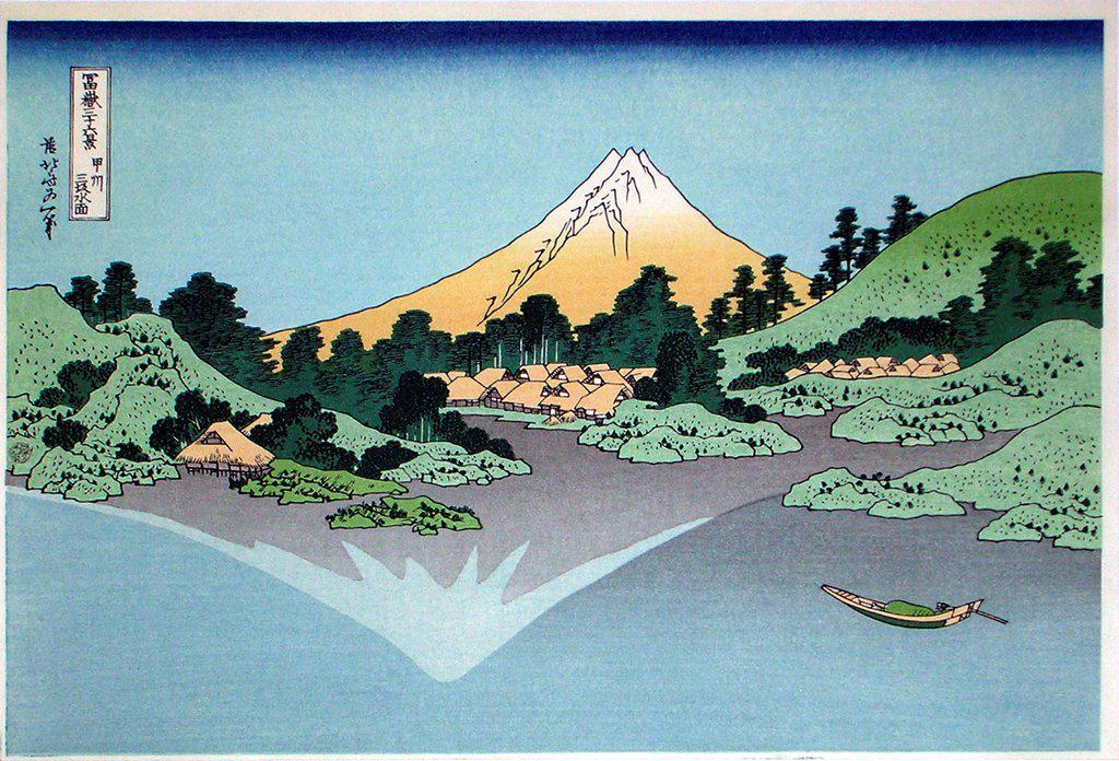 Reflection in the Surface of the Water, Misaka, Kai Province (from the series Thirty-Six Views of Mt Fuji) by Hokusai, Katsushika (1760-1849)/ British Museum, London/ 1830-1833/ Japan/ Colour woodcut/ The Oriental Arts/ 38,5x27,5/ Landscape