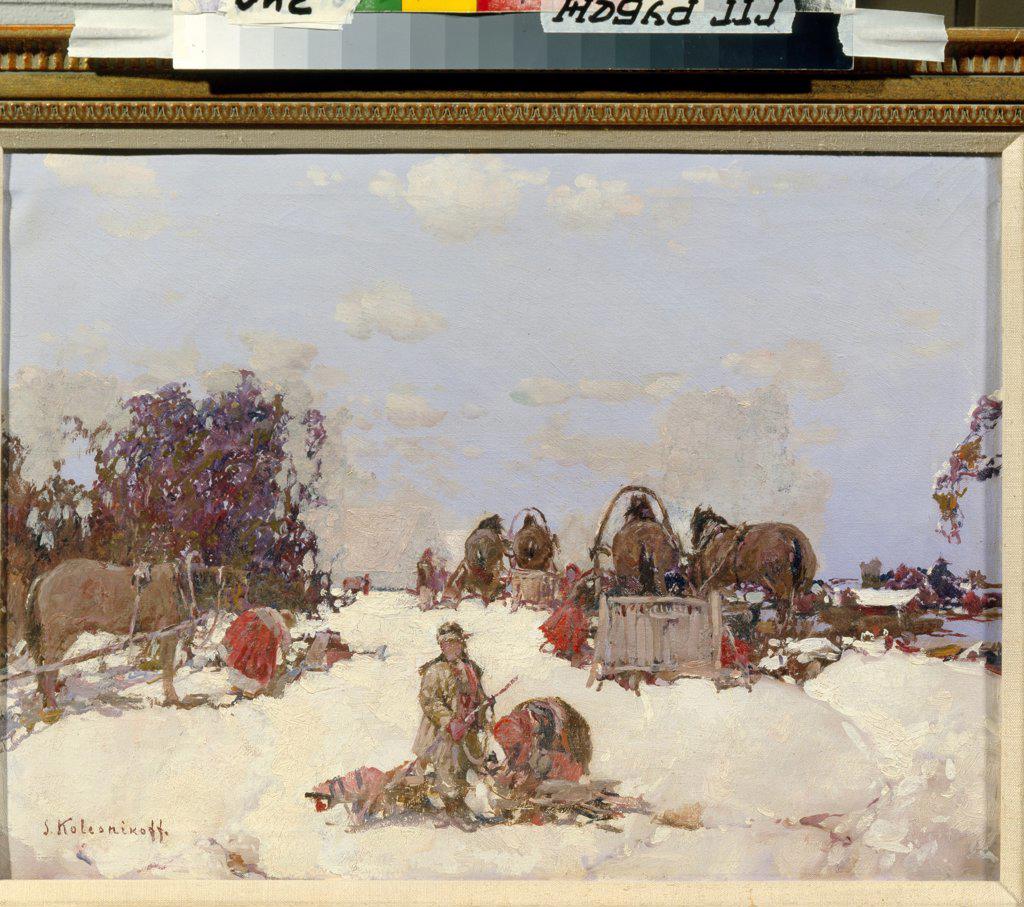Russian Hunters by Kolesnikov, Stepan Fyodorovich (1879-1955)/ State Tretyakov Gallery, Moscow/ Russia/ Oil on canvas/ Realism/ 40x54,5/ Genre
