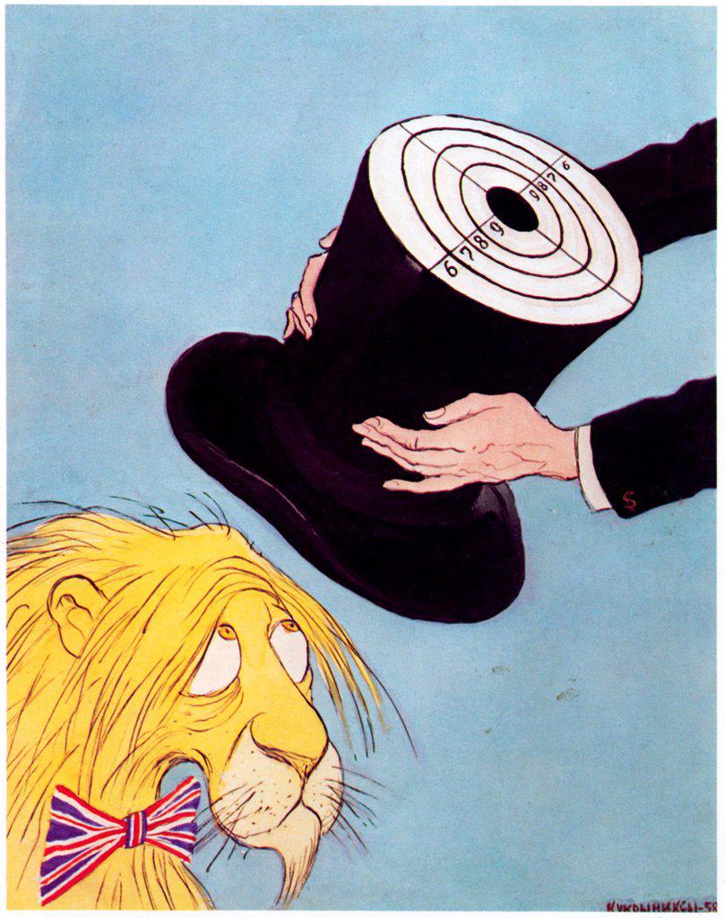 America's Gift to British Lion by Kukryniksy (Art Group) (20th century)/ Russian State Library, Moscow/ 1958/ Russia/ Colour lithograph/ Caricature/ History,Poster and Graphic design