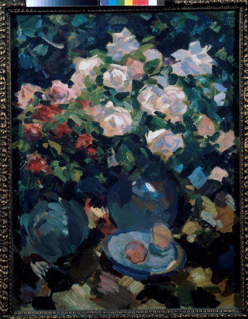 Roses in a blue jug by Korovin, Konstantin Alexeyevich (1861-1939)/ State Tretyakov Gallery, Moscow/ 1917/ Russia/ Oil on canvas/ Postimpressionism/ 89x67,5/ Still Life
