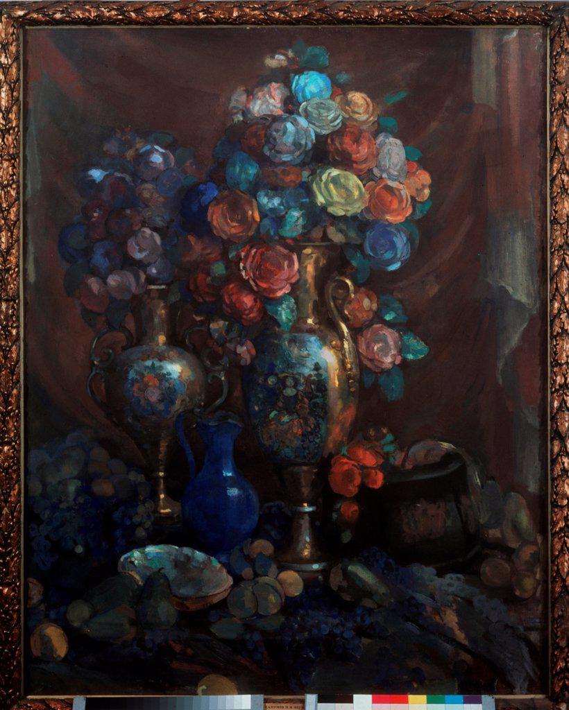 Still life. Vases, flowers and fruits by Sapunov, Nikolai Nikolayevich (1880-1912)/ State Tretyakov Gallery, Moscow/ 1912/ Russia/ Tempera on canvas/ Art Nouveau/ 147,2x115,8/ Still Life