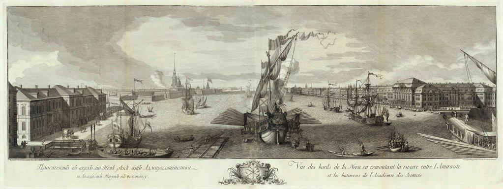View of the Neva Downstream from the Admirality and the Academy of Sciences (Book to the 50th anniversary of St Petersburg) by Vinogradov, Yefim Grigoryevich (1725/28-1769)/ Russian National Library, St. Petersburg/ 1753/ Russia/ Copper engraving/ Classi