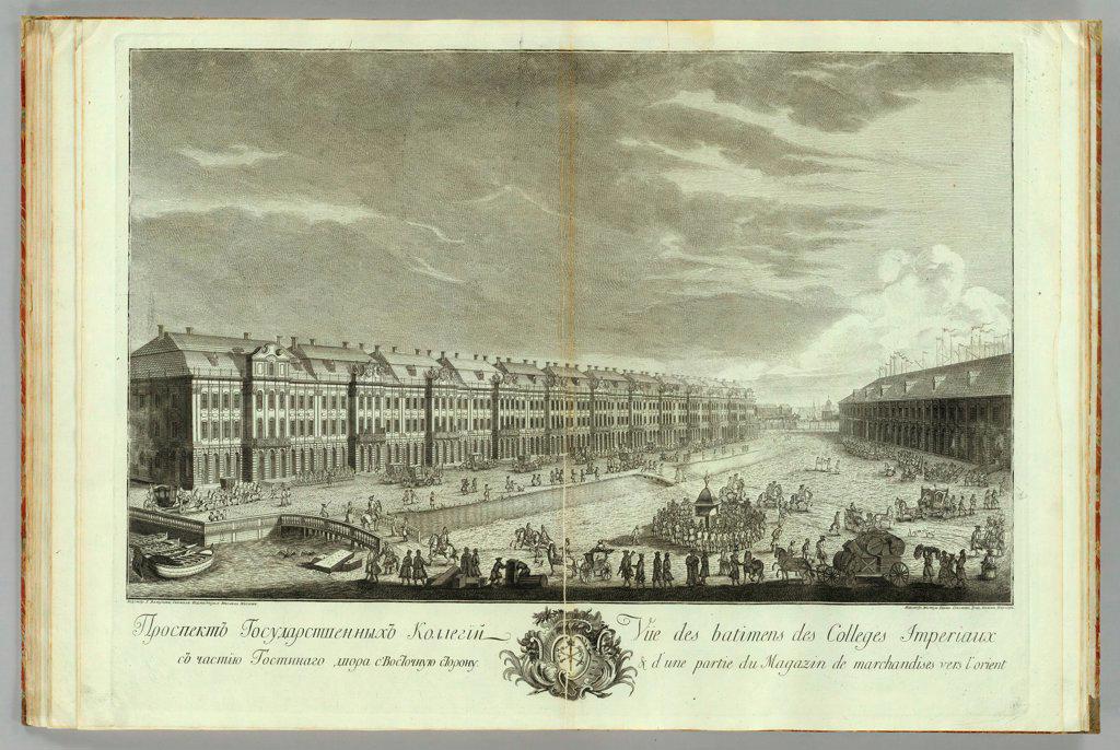 View of the Twelve Collegia building in Saint Petersburg (Book to the 50th anniversary of the founding of St. Petersburg) by Vnukov, Yekim Terentiyevich (1723/25-1762/63)/ Russian National Library, St. Petersburg/ 1753/ Russia/ Copper engraving/ Classici